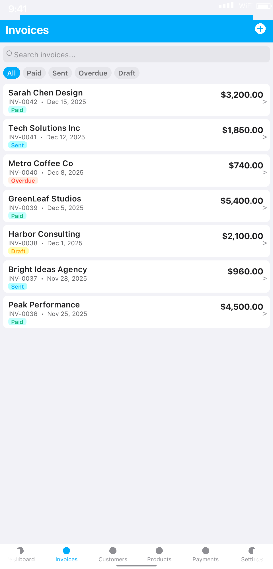 Invoice HQ invoices list with paid, sent and overdue statuses