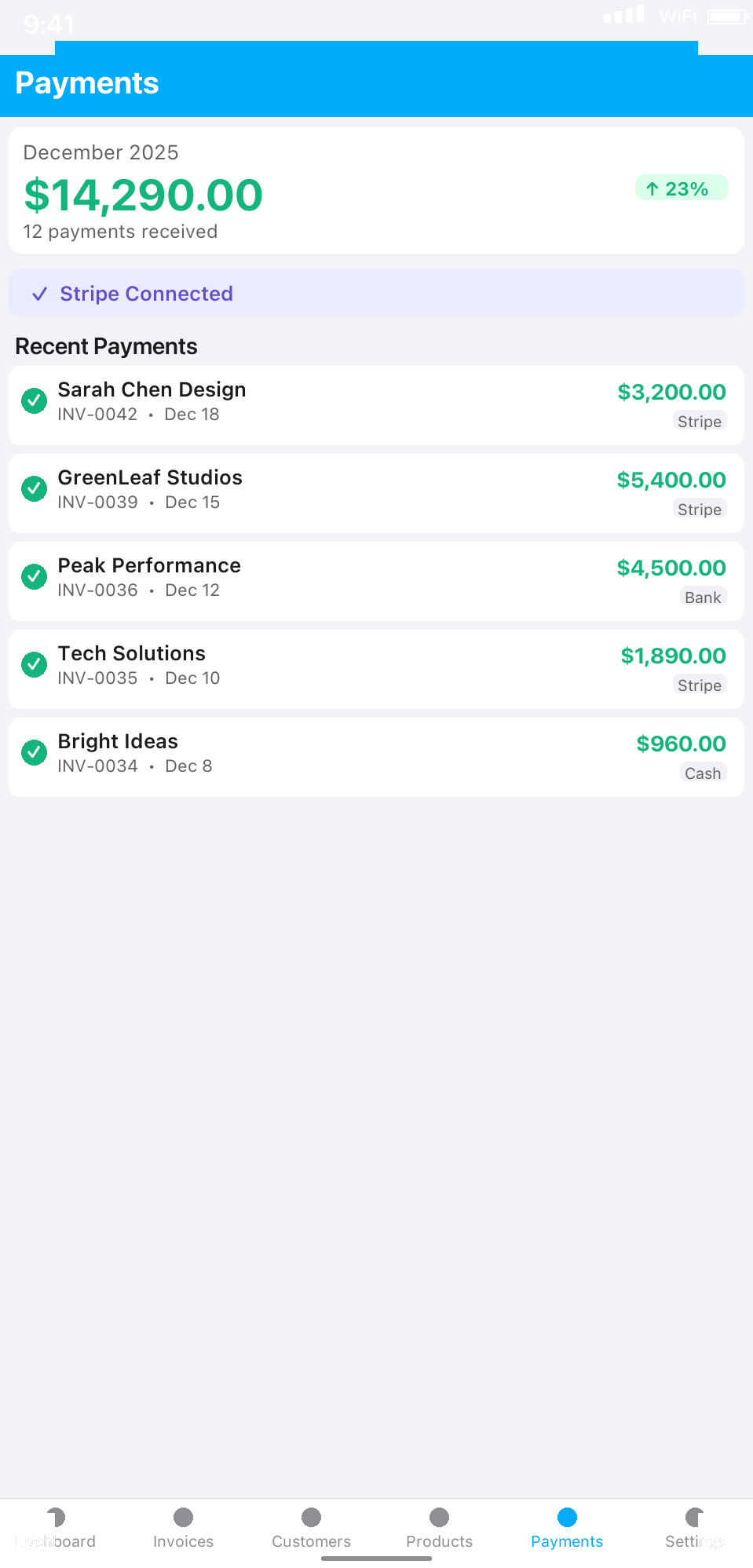 Invoice HQ payments list showing Stripe, bank and cash payments